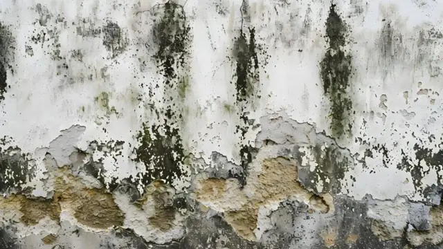 Wall with black mold streaks and peeling plaster