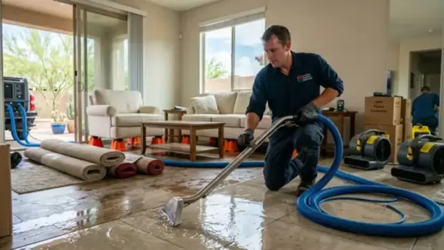 Technician kneeling on a living room floor with a water extraction wand, hoses and air movers