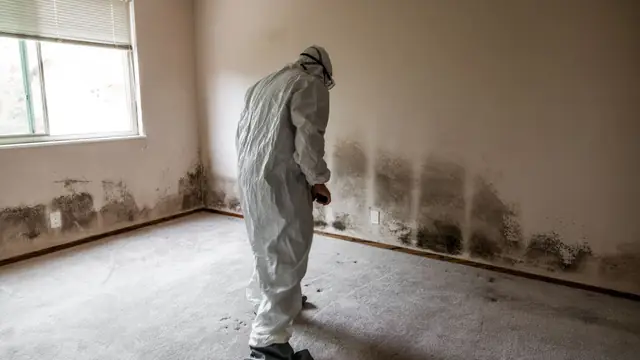 Technician in a white protective suit inspecting mold along the base of a wall in an empty room