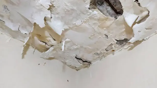 Peeling water-damaged ceiling plaster with a hole exposing the structure above