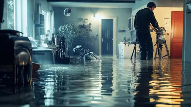 Technician working beside equipment in a flooded room
